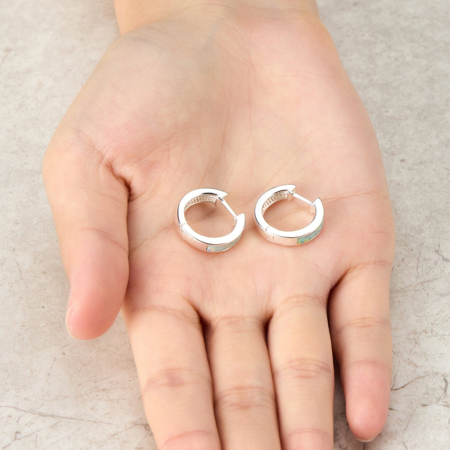 White Synthetic Opal Hoop Earrings